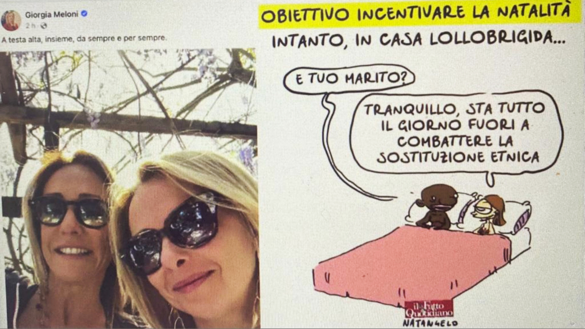selfie meloni e vignetta FQ