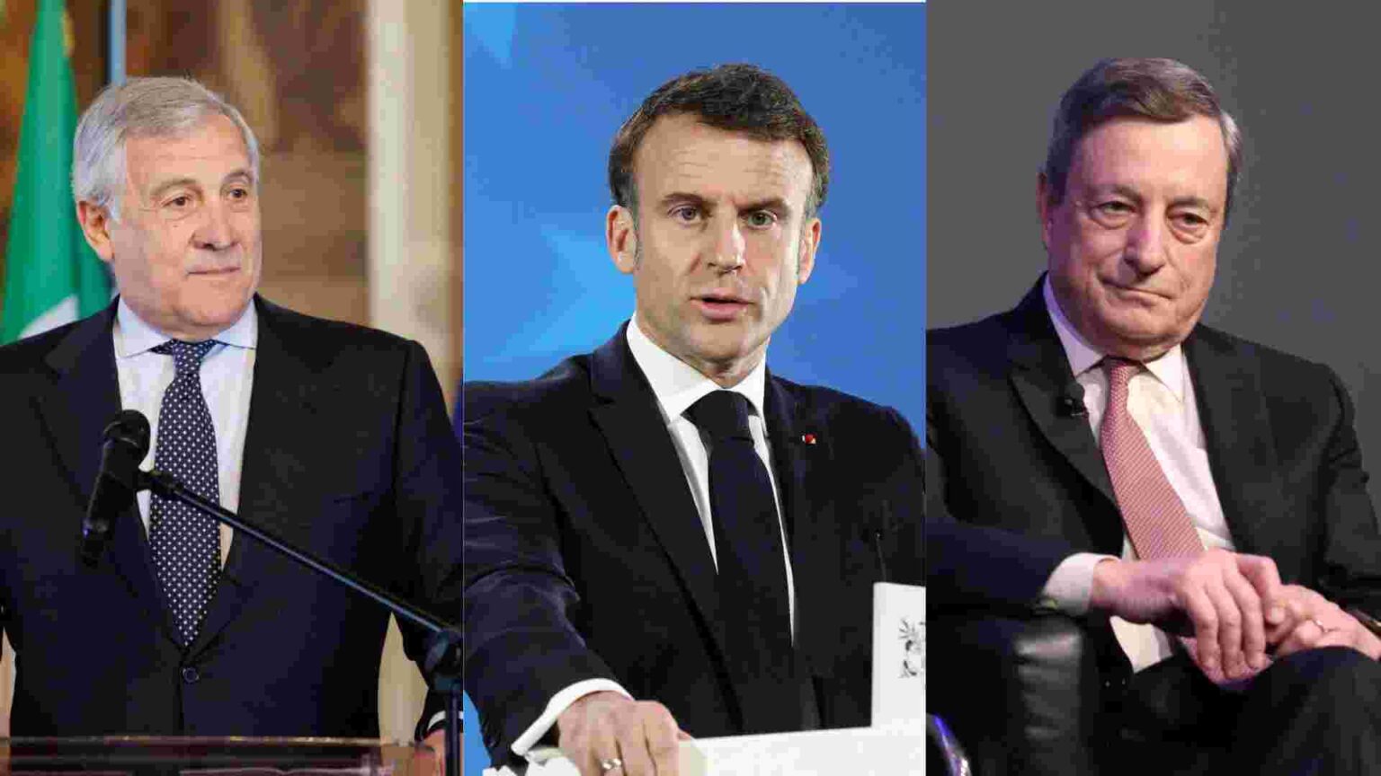 Antonio Tajani, Emmanuel Macron e Mario Draghi