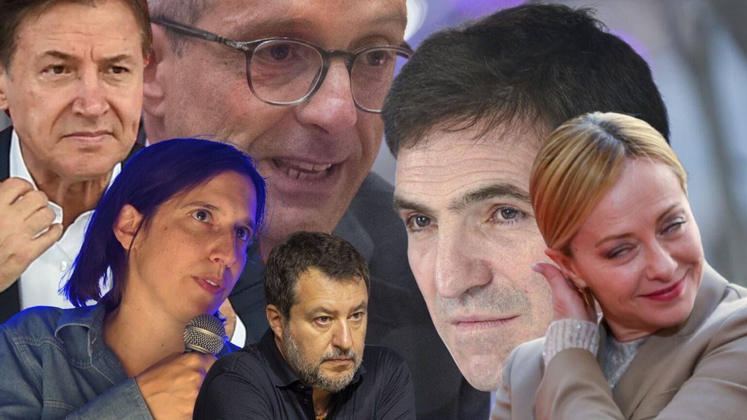 Matteo Ricci, Francesco Acquaroli, Giorgia Meloni, Matteo Salvini, Elly Schlein, Giuseppe Conte